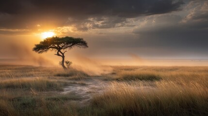 Obraz premium Golden sunset illuminates a serene savanna landscape with a lone acacia tree silhouetted against the radiant light and a moody, dramatic sky above.