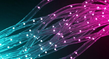 Colorful glowing wires with luminous beads against a dark background  