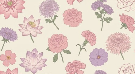 Pastel floral pattern with various blossoms and delicate lines.
