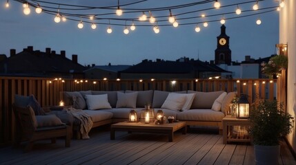 Cozy outdoor living space with wooden deck adorned with string lights, creating warm ambiance. City skyline in distance adds charm