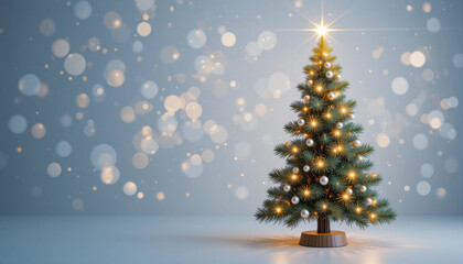 Fototapeta premium Festive Christmas Tree with Lights and Ornaments on Bokeh Background