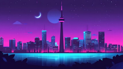 Fototapeta premium Neon City Nightscape Skyline.