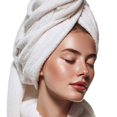 A copy Of Woman in towel with eyes closed, spa treatment model, transparent background --v 7.0