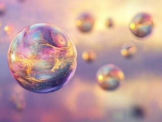 Colorful orbs float in a dreamy, pastel sky