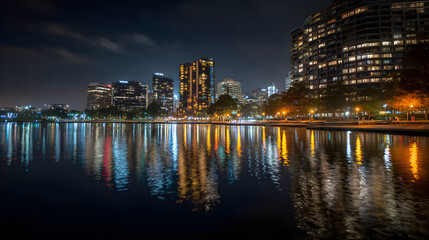 Naklejka premium Vibrant cityscape at night reflecting lights on calm water