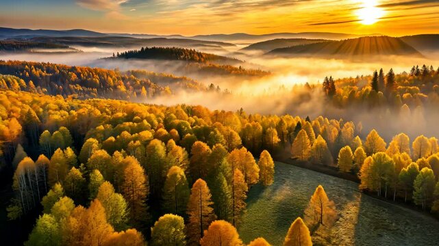 Golden Sunrise Over a Serene Autumn Forest A Breathtaking Aerial View of Nature's Beauty