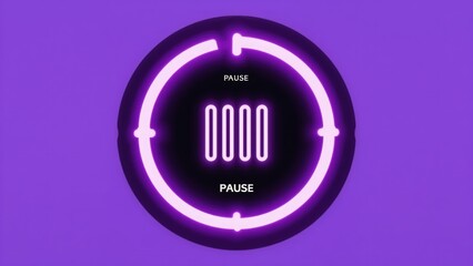 Purple neon circle timer, displaying pause and zeros