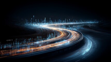 Futuristic city highway with digital overlays