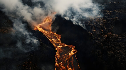 Fototapeta premium Aerial View of a Fiery Lava Flow at Night