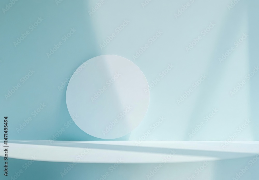 Poster pastel blue studio backdrop with a white circular display stand, perfect for product photography or 