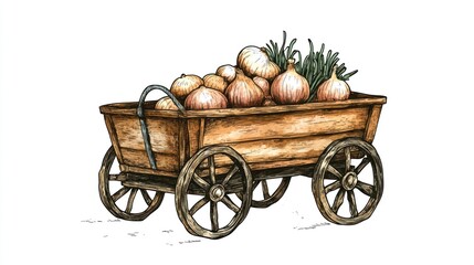 Rustic Wooden Cart Overflowing with Onions and Herbs