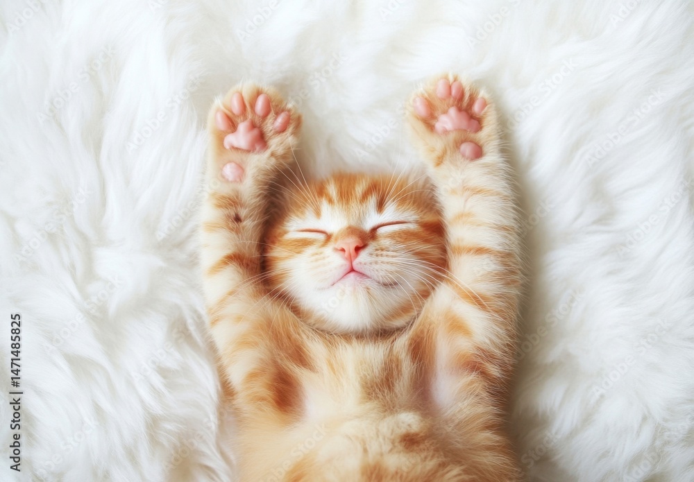 Poster adorable ginger kitten sleeps soundly on a fluffy white rug, paws raised in a peaceful pose. the sof