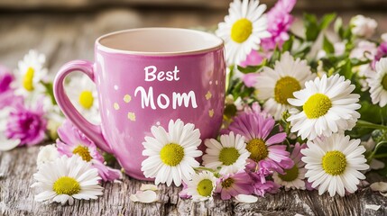 Pink Mothers Day Mug Daisies Flowers Best Mom Gift Cup Love Card Care Warm Cozy White Happy Image