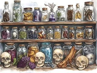 Occult Apothecary Jars on Mystical Wooden Shelf: Witchcraft Decor Featuring Herbs, Spices, and Skull Artwork for Halloween