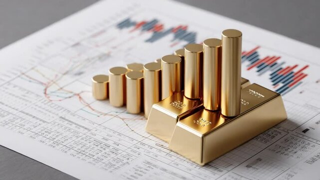Golden Bars Chart: Gold bars of increasing size are arranged on a financial chart, symbolizing growth, investment success, and wealth accumulation.