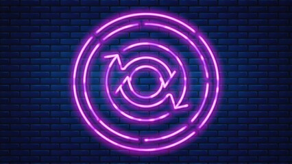 Neon circular arrows icon, signifying a continuous loop or cycle.  Circular design with multiple interlocked arrows