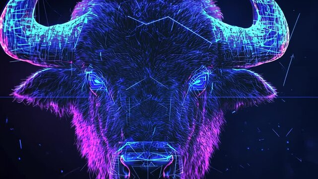 Abstract Digital Bull Head Animation with Neon Outlines and Cyberpunk Aesthetic