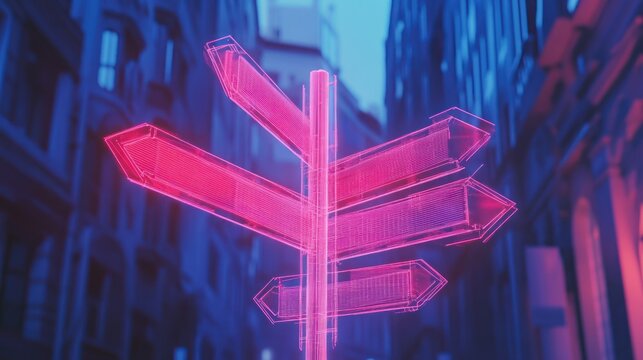 Naklejki Futuristic neon signpost amidst towering city buildings, abstract journey ahead