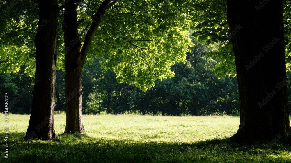 Fototapete Sunlight filters through lush green leaves of large trees, illuminating a tranquil meadow scene.  The shadows cast by the trees create a dramatic contrast against the bright grass. : Generative AI