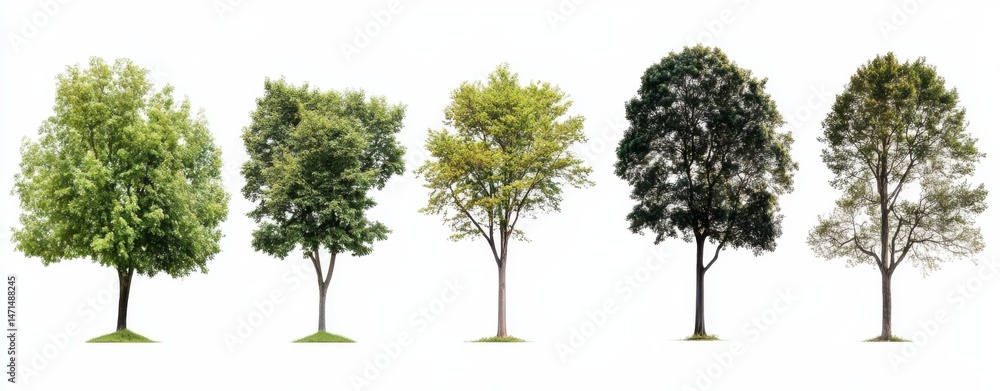 Poster five isolated trees on white background, showcasing different foliage colors and densities, ideal fo