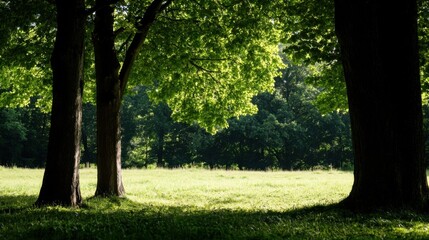 Naklejka premium Sunlight filters through lush green leaves of large trees, illuminating a tranquil meadow scene. The shadows cast by the trees create a dramatic contrast against the bright grass. : Generative AI