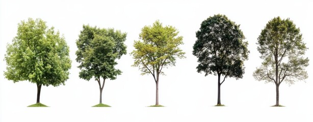 Five isolated trees on white background, showcasing different foliage colors and densities, ideal for landscape design or environmental projects. : Generative AI