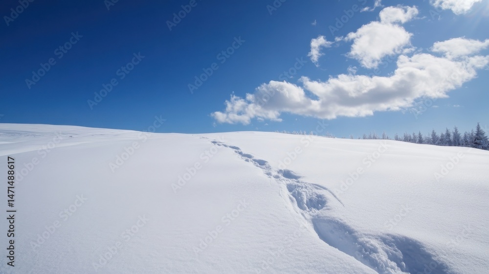 Poster footprints in pristine snow leading towards a snow-covered hill under a vibrant blue sky with fluffy