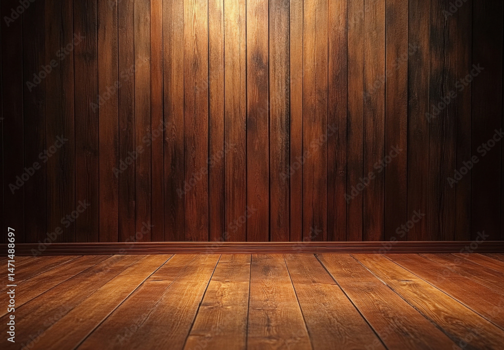 Poster warm-lit rustic wooden room interior with dark brown vertical planks on the wall and matching horizo