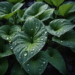 Obraz premium Water droplets on smooth green hosta leaves