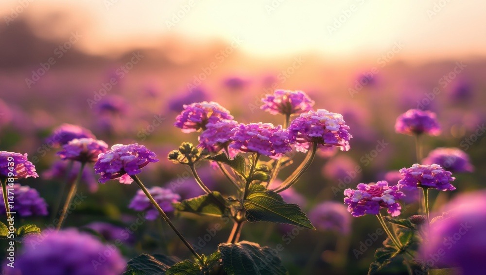 Poster lantana camara flowers bathed in the warm glow of a sunset, creating a vibrant and serene scene in a