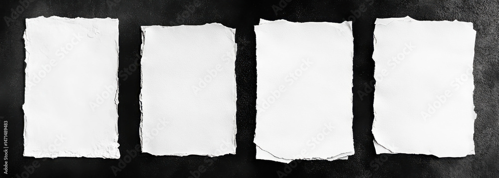 Poster four pieces of textured white paper with torn edges are arranged on a dark background, offering a cl