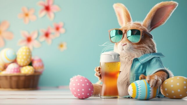 Holiday wallpaper with easter bunny wearing shirt and holding beer in spring scene with eggs, wooden surface with sky blue color background, for easter celebration, banner, or wall print