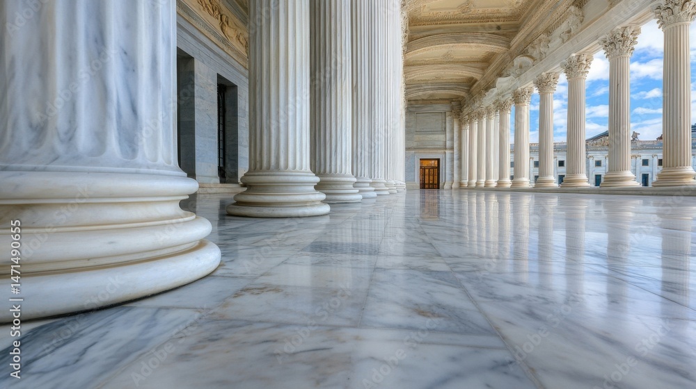 Poster a long colonnade with gleaming marble floors and columns, leading to a classical building under a br