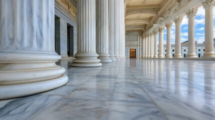 A long colonnade with gleaming marble floors and columns, leading to a classical building under a bright sky, showcasing architectural grandeur and symmetry. : Generative AI