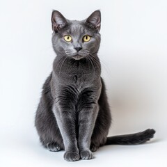 Portrait of a gray cat sitting, looking directly at the camera, against a white background.  The cat has bright yellow eyes and thick, soft fur. : Generative AI