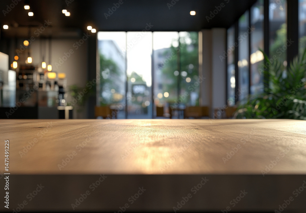 Poster Empty wooden table in a modern cafe with blurred city view, sunlight streaming through large windows, perfect for product placement or food display. : Generative AI