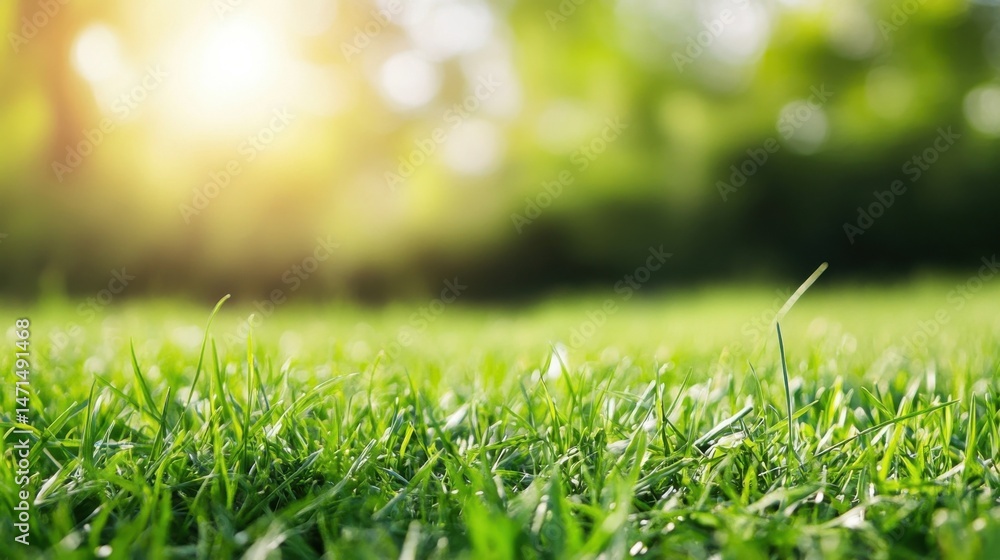 Poster close-up view of vibrant green grass blades illuminated by warm sunlight, with a softly blurred natu