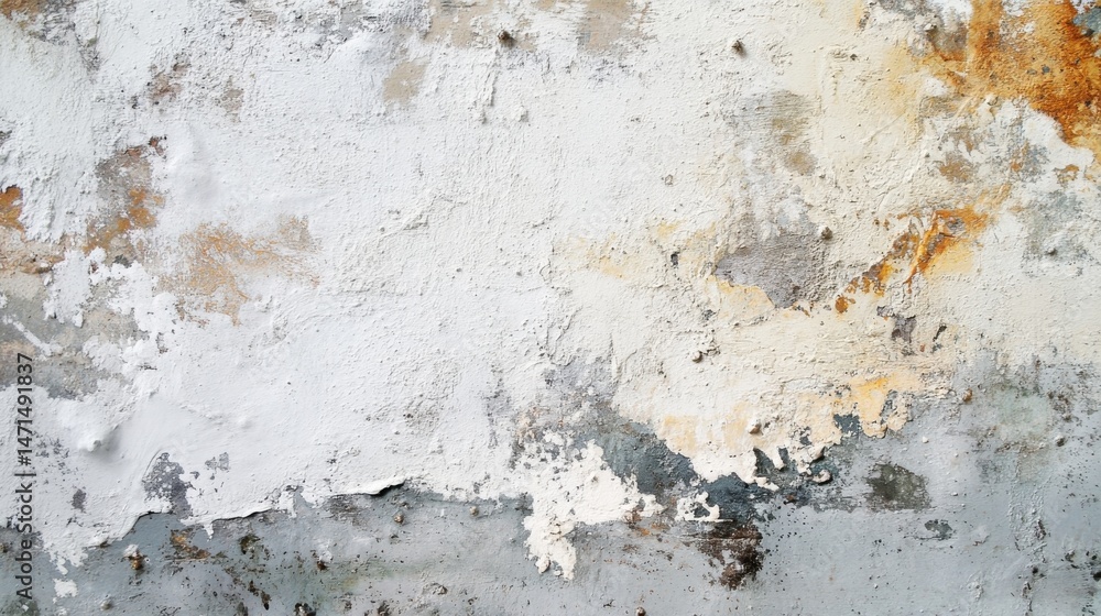 Poster a textured wall with peeling white paint reveals layers of grey, beige, and rust-colored undercoat, 