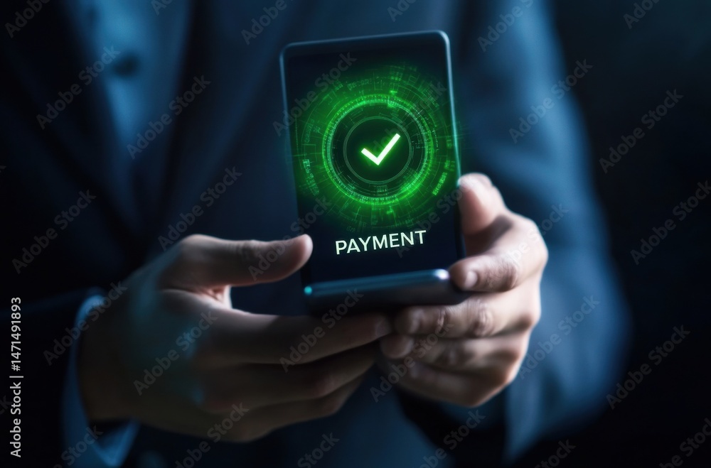 Poster A businessman holds a smartphone displaying a green checkmark and the word PAYMENT, symbolizing successful online transaction and secure digital payment technology. : Generative AI