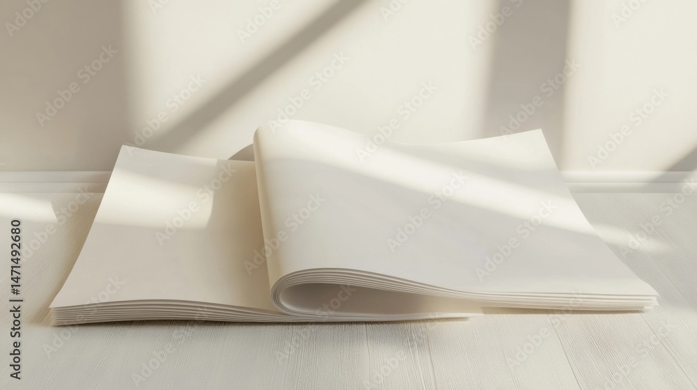 Poster open blank book pages resting on a light wood floor, bathed in soft sunlight streaming through a win