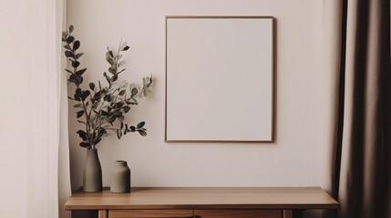 Minimalistic white picture frame with gold border above wooden table with two vases of green leaves in modern room