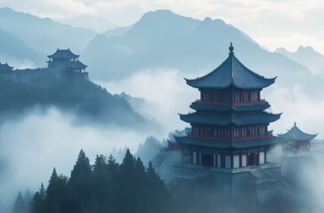 Obraz premium Old pagoda surrounded by mist and mountain range