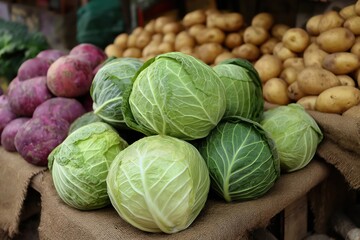 Market display with vibrant cabbages and fresh potatoes in rustic natural setting