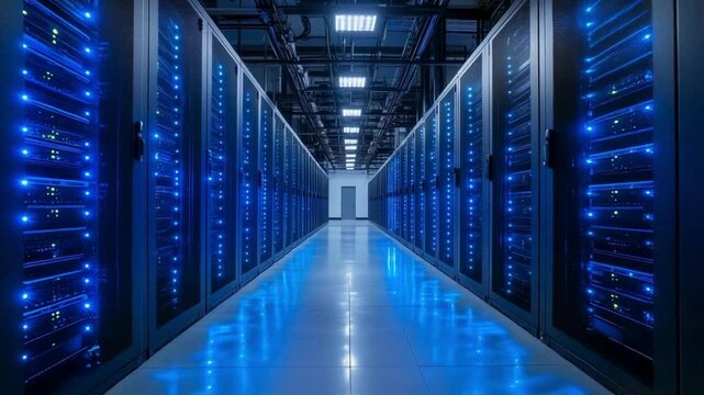 Digital information streams through a network of data servers housed behind glass panels in the server room of a data center or internet service provider