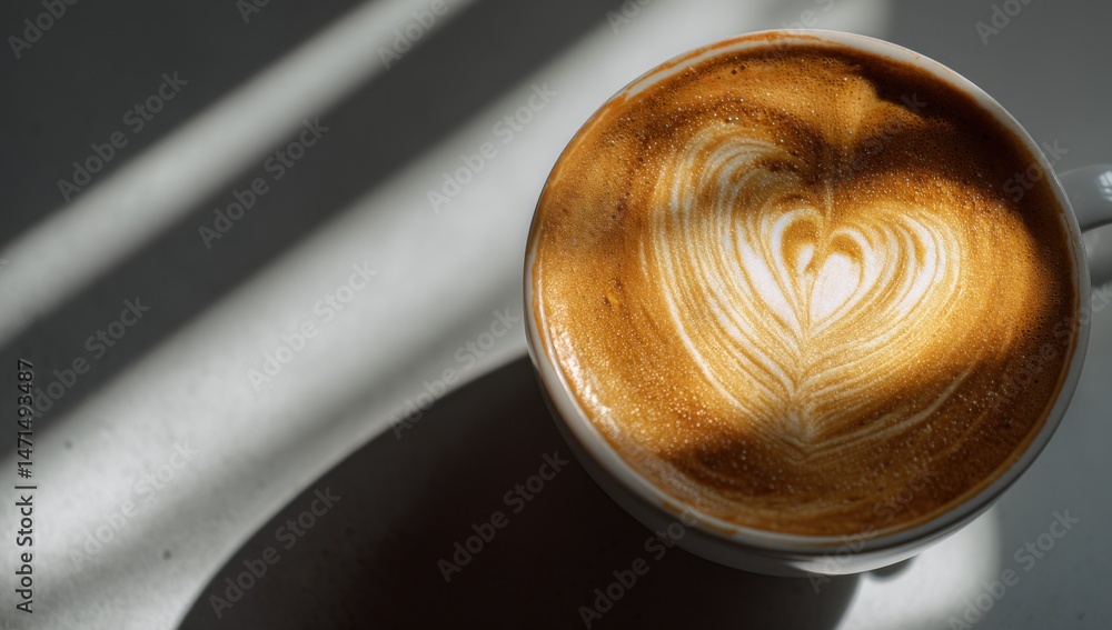 Poster Aromatic latte art in a white cup, illuminated by sunlight streaming through a window, creating dramatic shadows on a light surface. : Generative AI