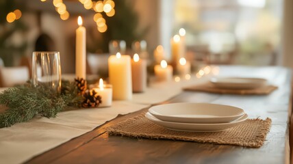 Festive Holiday Table Setting with Candles and Warm Lighting