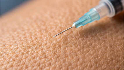 Vaccine booster Concept ,close up view of needle poised above skin, ready for booster injection, highlighting texture
