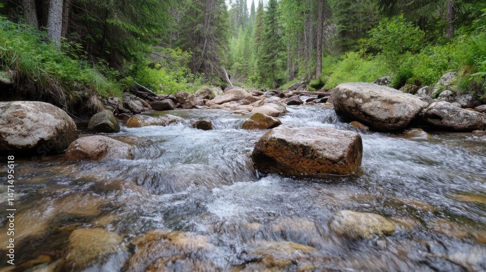 Poster a pristine mountain stream flows smoothly over rocks, nestled within a dense evergreen forest, sunli