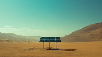 Solar panels stand alone in a vast desert landscape under a clear blue sky