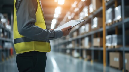 Close-up of logistics worker with clipboard, inspecting inventory in clean warehouse, professional supply chain, commercial logistics, inventory management, delivery service, fulfillment, package.